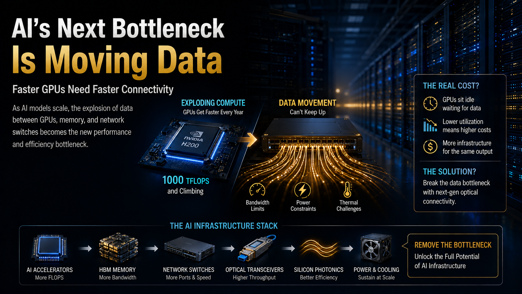 AI data center bottleneck caused by faster GPUs and growing data movement requirements