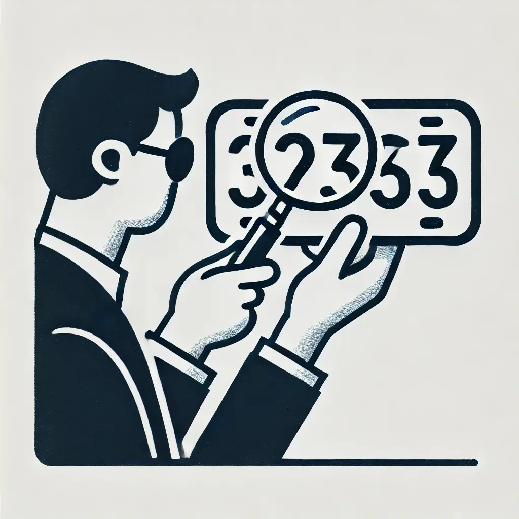 사람이 번호판을 돋보기로 자세히 살펴보는 장면