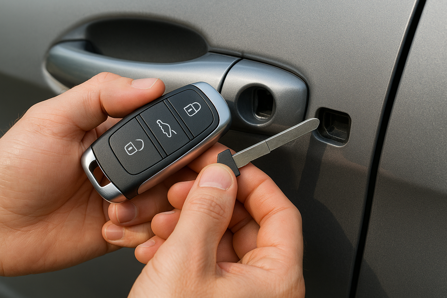 스마트키에서 물리적 비상키를 분리해 차량 도어에 수동으로 꽂는 모습 &ndash; 손으로 키를 잡고 자동차 문 옆 키홀에 넣으려는 순간을 클로즈업한 이미지
