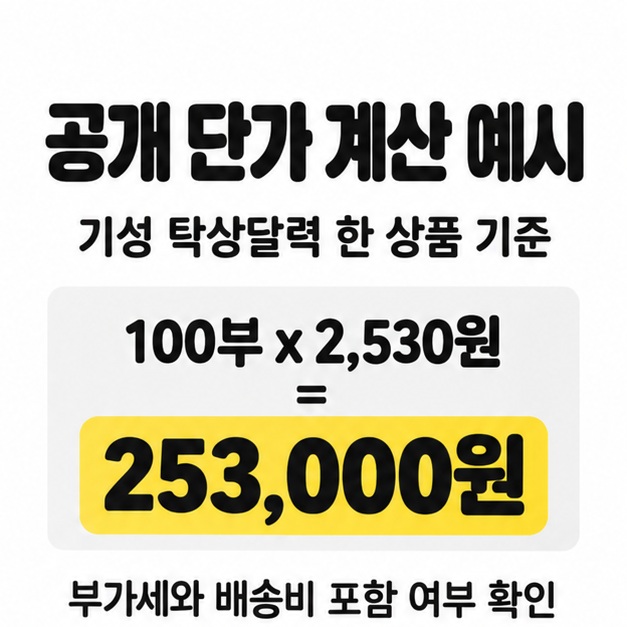 기성 탁상달력 한 상품의 공개 단가 예시로 100부에 부당 2,530원을 곱한 253,000원을 보여주고 부가세와 배송비 포함 여부를 확인하도록 안내하는 이미지