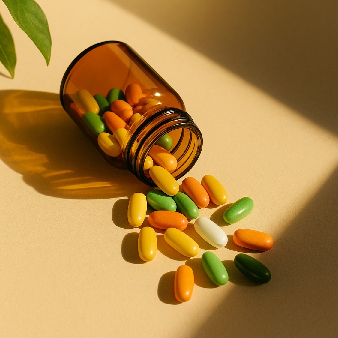 종합비타민 부작용 예방을 위한 안전한 비타민 복용과 균형 잡힌 섭취를 상징하는 알록달록한 비타민 캡슐 이미지
