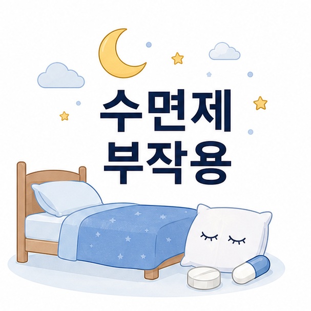 침대와 달, 처방약을 함께 배치해 수면제 부작용이라는 주제를 나타낸 대표 이미지