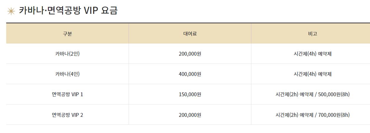 클럽디 오아시스 카바나 면역공방 VIP 요금