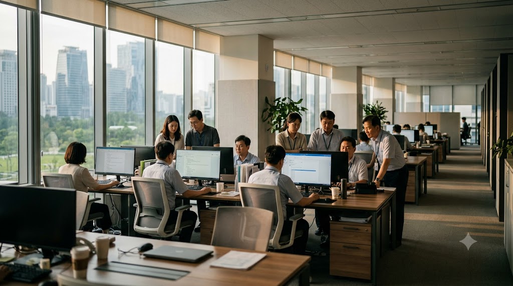 여러 한국인 공공기관 담당자가 컴퓨터로 일하는 차분한 현대식 사무실의 와이드 샷