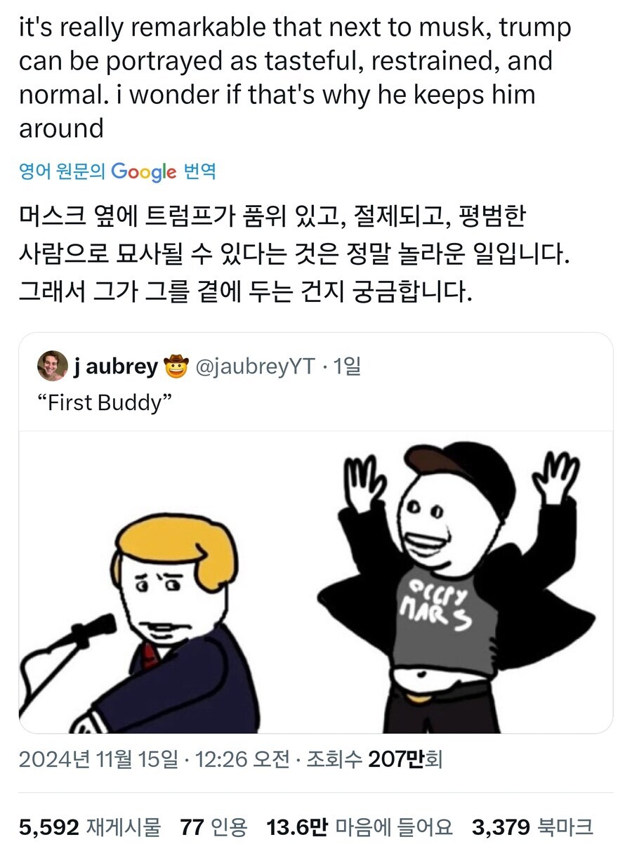 it's really remarkable that next to musk, trump can be portrayed as tasteful, restrained, and normal. i wonder if that's why he keeps him around
영어 원문의 Google 번역
머스크 옆에 트럼프가 품위 있고, 절제되고, 평범한 사람으로 묘사될 수 있다는 것은 정말 놀라운 일입니다. 그래서 그가 그를 곁에 두는 건지 궁금합니다.
+jaubrey @jaubreyYT 1일
&quot;First Buddy&quot;
이
OCOPY MARS
2024년 11월 15일 12:26 오전·조회수 207만회
5,592 재게시물 77 인용 13.6만 마음에 들어요 3,379 북마크