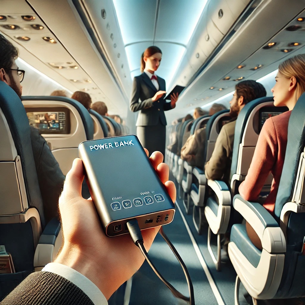 기내에 보조배터리를 가지고 탄 탑승객 모습을 표현한이미지