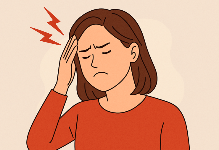 머리에 통증을 느끼는 여자