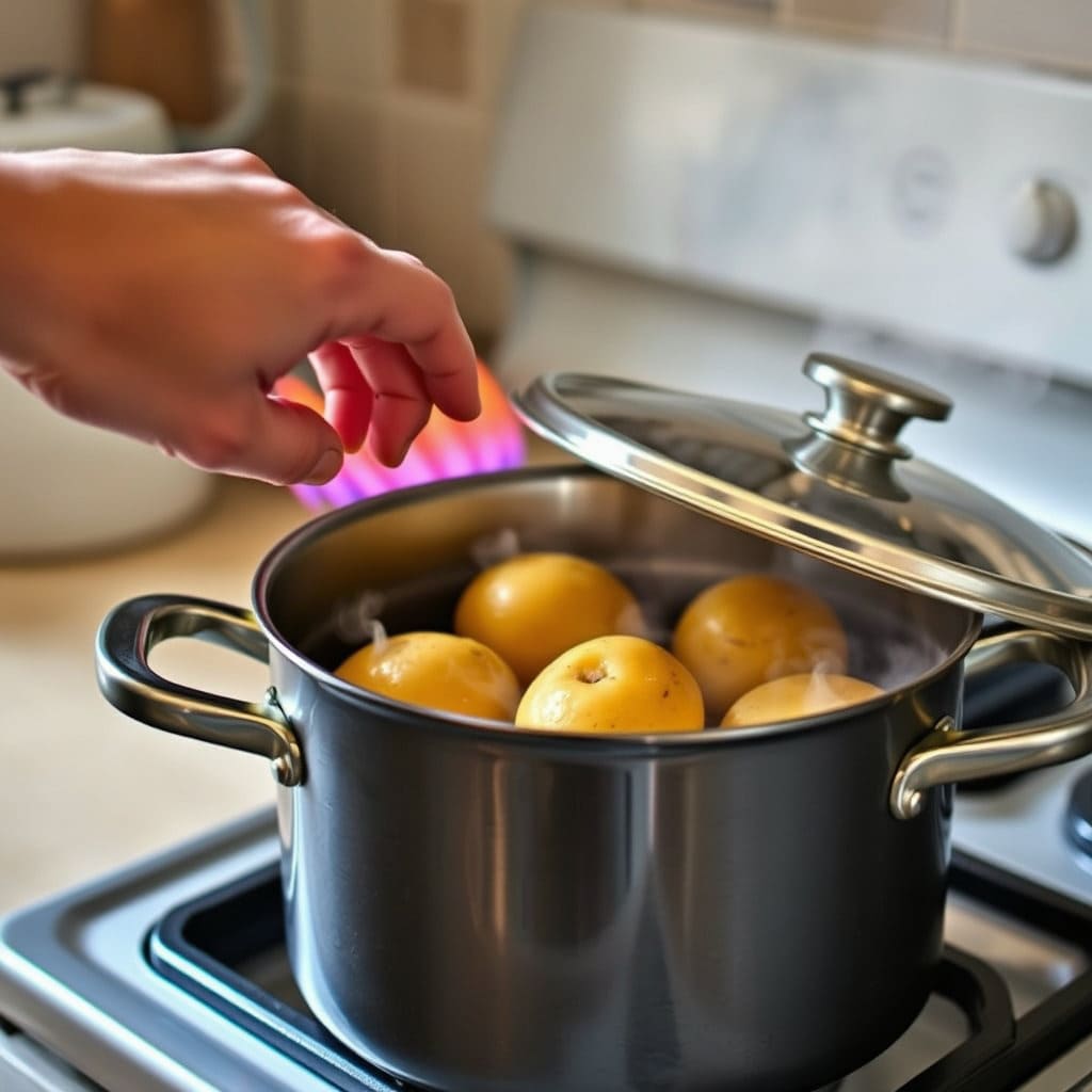 끓는 냄비의 불을 중불로 조절하는 손의 모습과 함께, 냄비 뚜껑이 살짝 열려 김이 빠져나오는 모습입니다. 감자가 타지 않고 고르게 익도록 하는 중요한 단계임을 보여줍니다.
