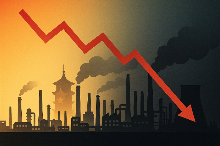 중국 산업 성장률 하락을 상징하는 도시와 공장 실루엣 이미지