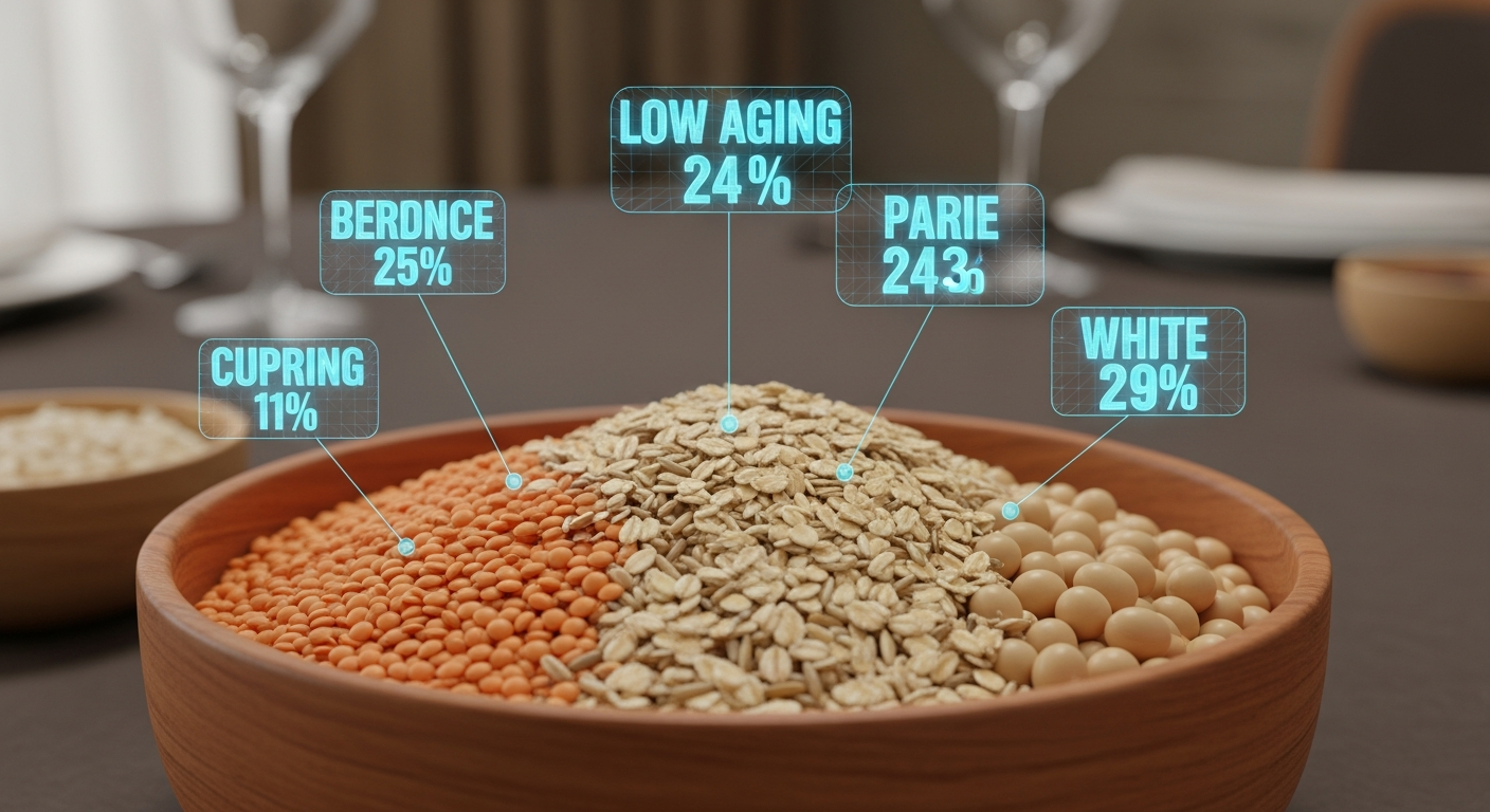 노화 속도를 늦추기 위해 렌틸콩과 귀리 그리고 현미를 섞어 만든 황금 비율 잡곡밥 클로즈업