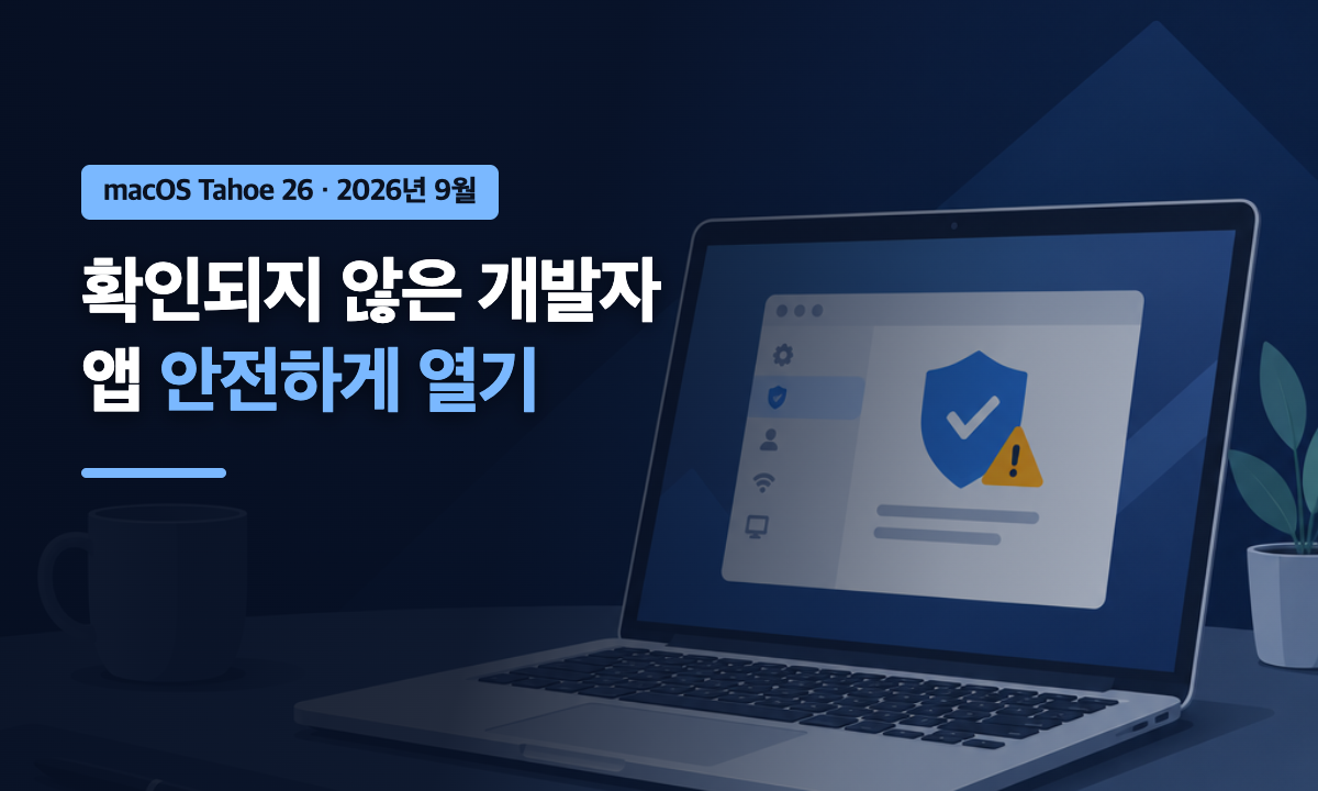맥에서 확인되지 않은 개발자 앱을 여는 개인정보 보호 및 보안 설정 순서를 안내하는 대표 이미지, macOS Tahoe 26 기준