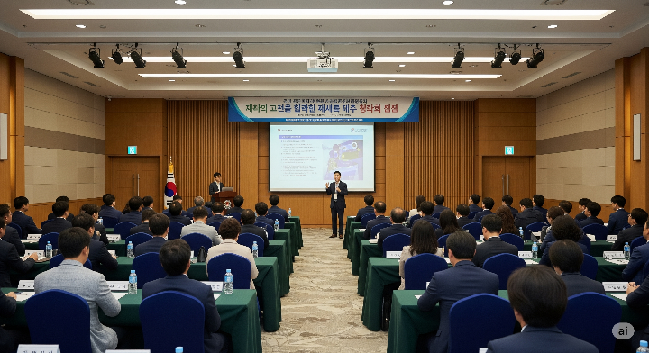 컨퍼런스에서 연사가 발표하고 청중이 경청하는 모습. 지식 교류의 장임을 보여준다.