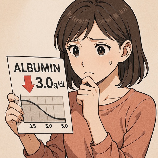 알부민 수치 저하로 걱정하는 여성의 모습과 검사 결과지(출처: 자체제작)