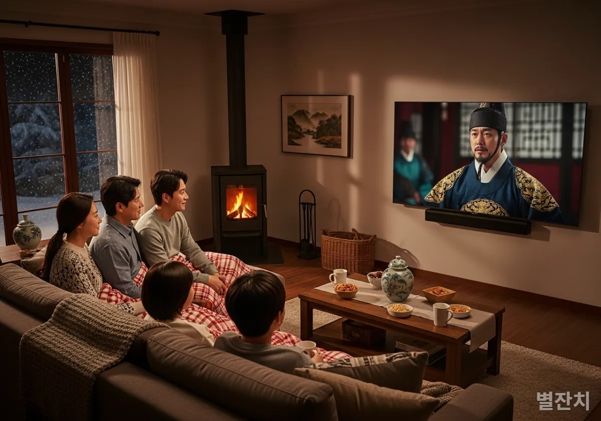 2026년 겨울 거실에서 온 가족이 넷플릭스 사극을 시청하는 모습