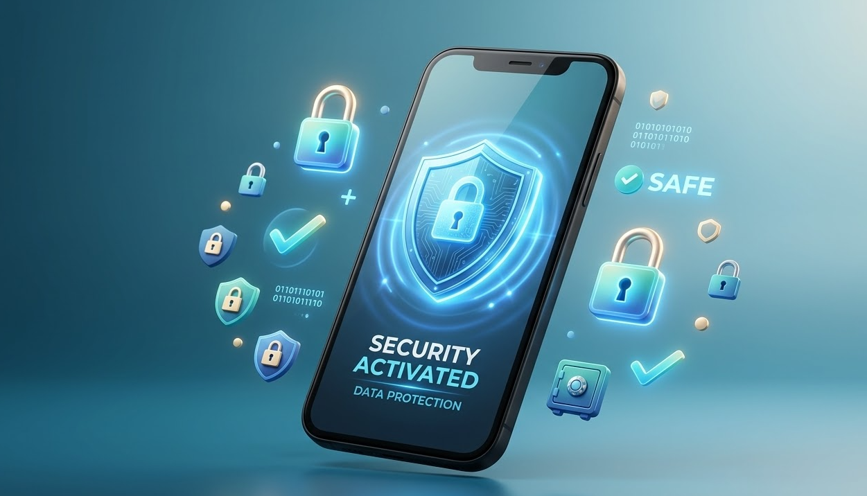 스마트폰 화면 속 개인정보 보호 방패와 보안 아이콘