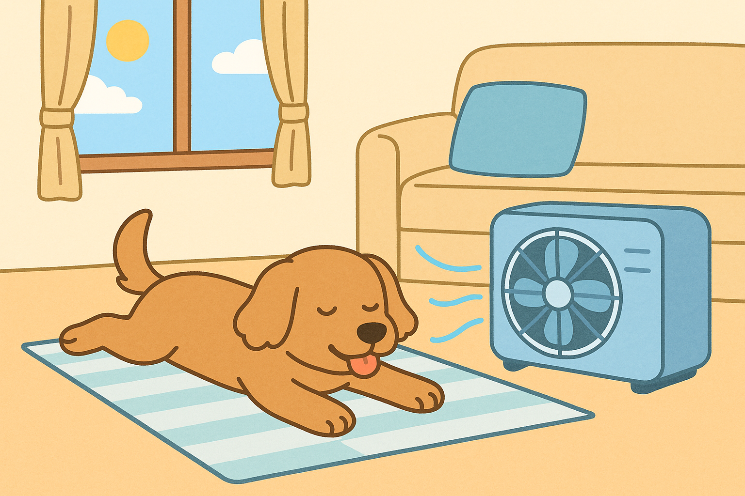 에어컨 바람을 쐬며 시원하게 누워 있는 강아지의 여름 실내 풍경 일러스트