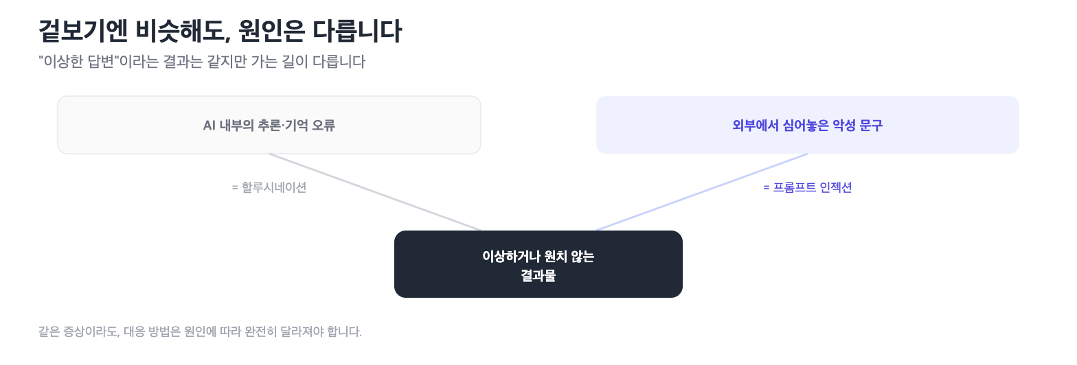 할루시네이션과 프롬프트 인젝션은 결과는 비슷해도 원인이 다르다는 도식