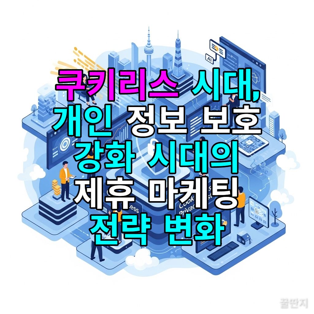 쿠키리스 시대와 개인 정보 보호 강화를 상징하는 미래지향적인 디지털 마케팅 풍경