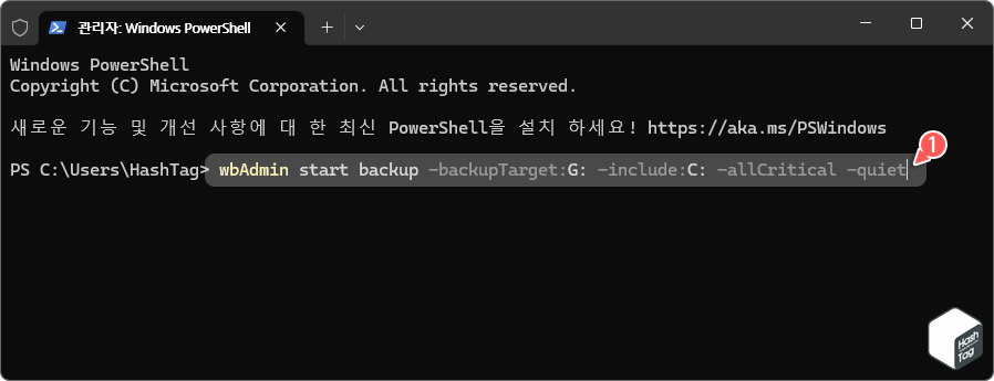 Windows 터미널(관리자) > wbAdmin 명령 사용 전체 백업 수행
