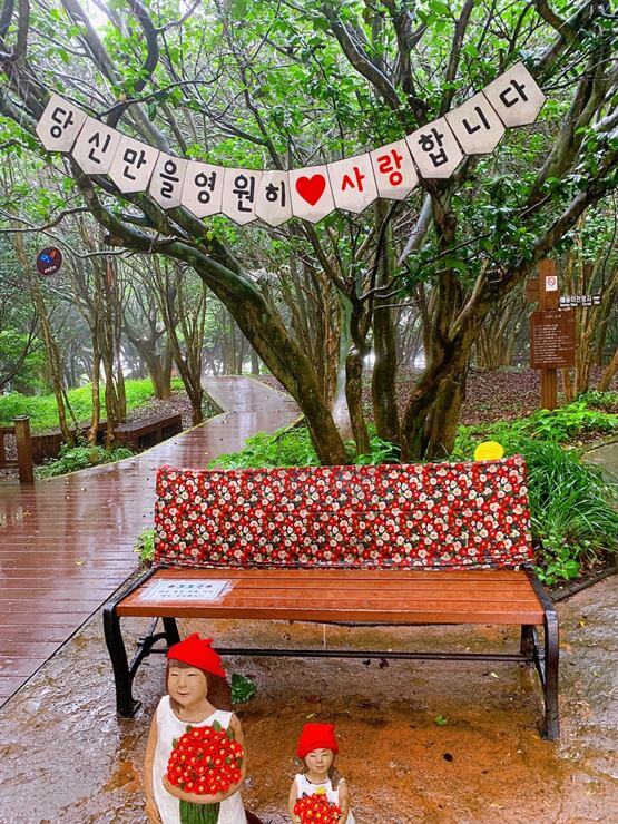 오동도 산책로로 가운데 벤치가 있고 위에는 '당신 만을 영원히 사랑합니다'라는 가랜드가 있다. 벤치 뒤쪽은 큰 나무와 산책로가 이어져 있다.