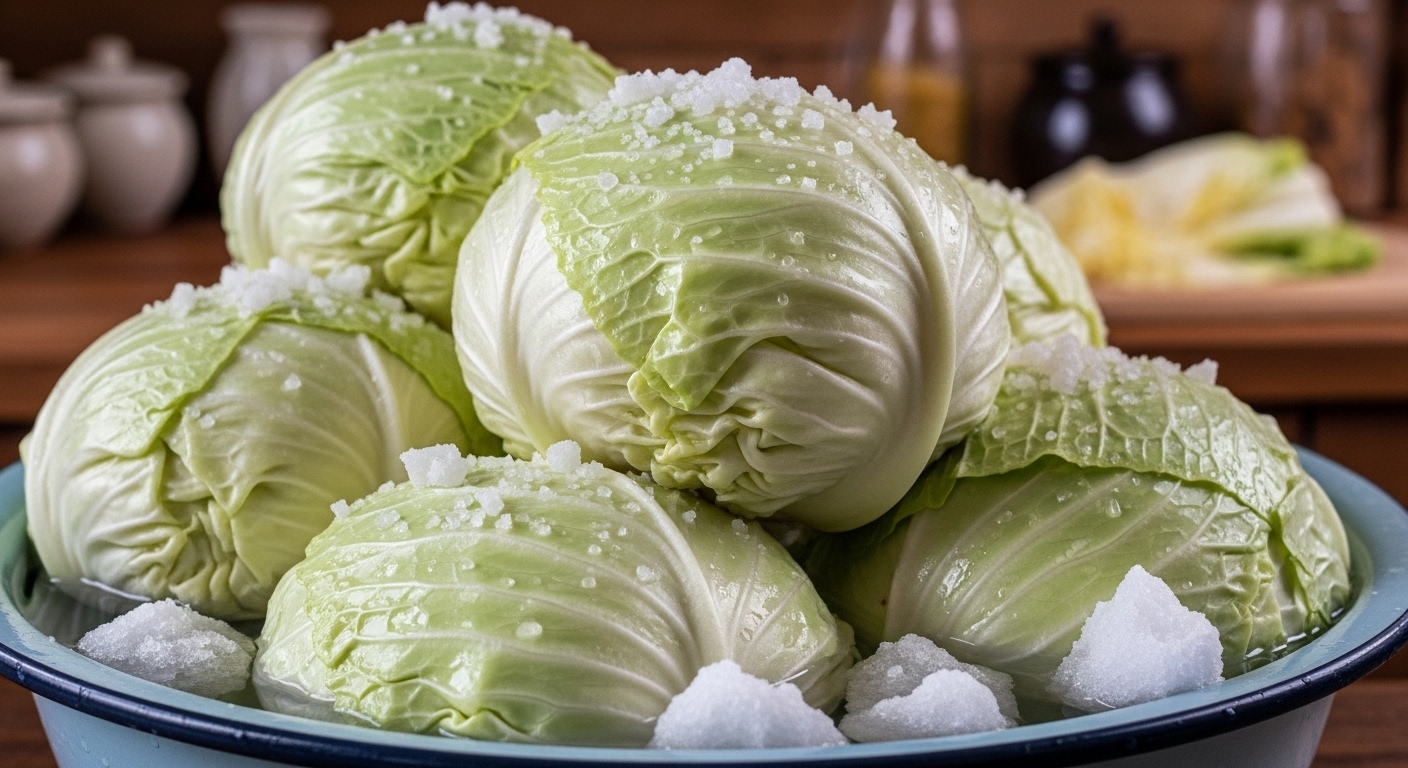 소금에 잘 절여진 통배추가 큰 양푼에 가득 담겨 있는 모습. 신선하고 질 좋은 배추가 잘 준비되었음을 보여줍니다.