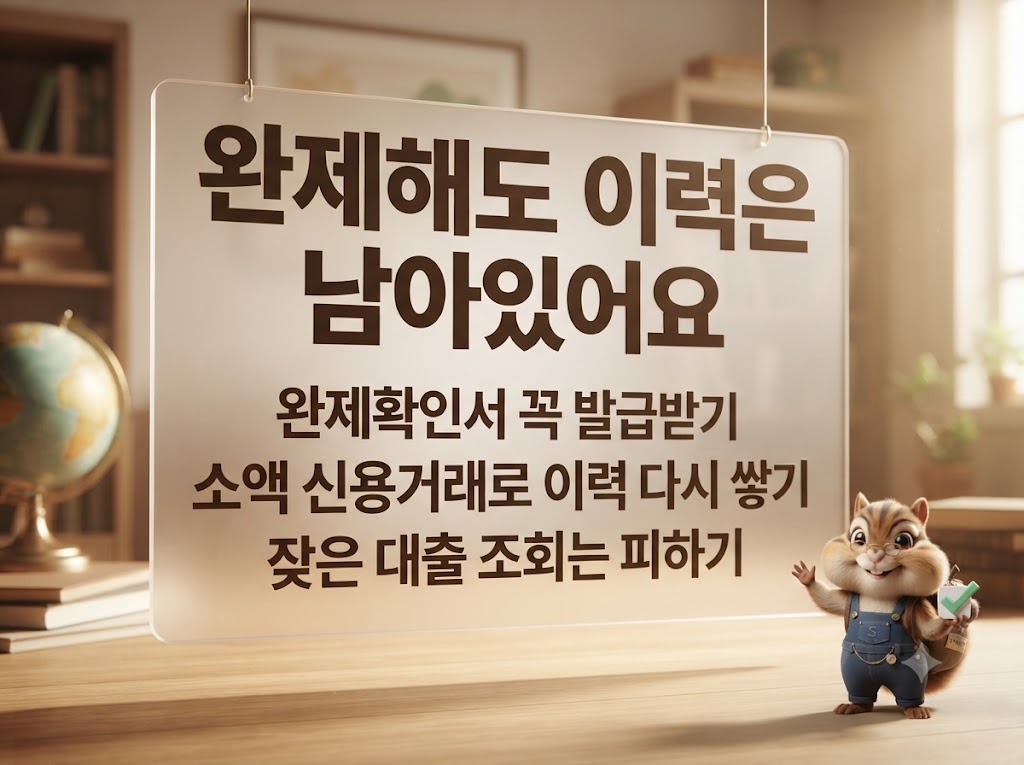 다랑이가 신용회복 완제 후 관리 방법을 안내하는 이미지