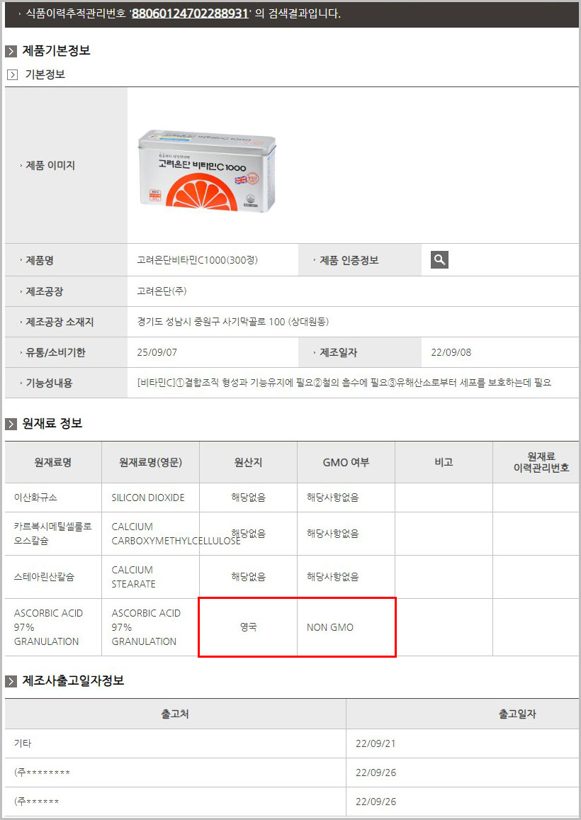 비타민C 원산지 gmo 여부 확인