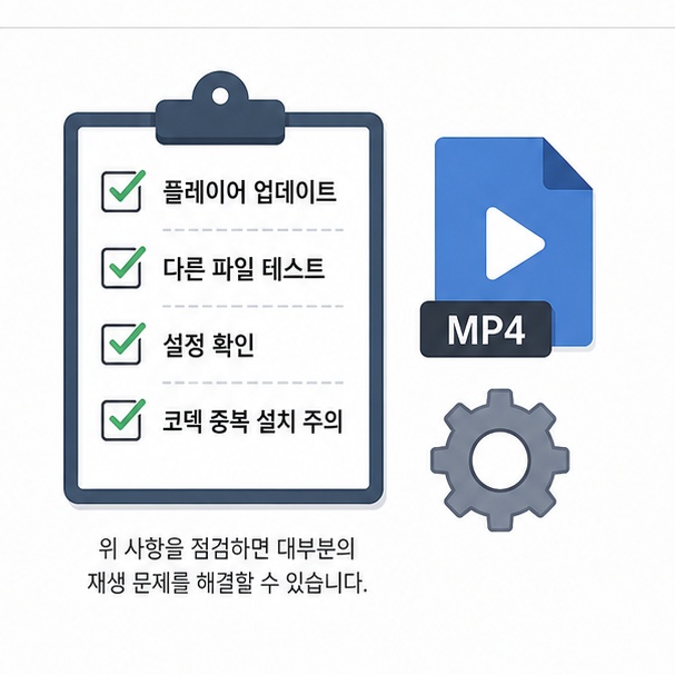 곰플레이어 재생 오류가 있을 때 프로그램 업데이트와 파일 확인, 코덱 중복 설치 주의를 정리한 이미지