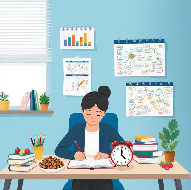 잘 정리된 학습 공간에서 타이머와 함께 집중해서 공부하는 모습