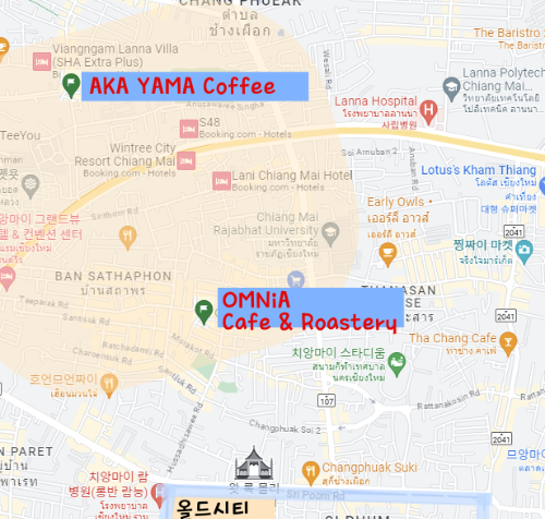 치앙마이 카페 투어 ② : 올드시티 북쪽 창푸악 카페들 (AKA YAMA Coffee&#44; OMNiA Cafe)_창푸악 지역 구글맵