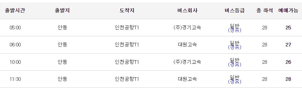 안동 인천공항 리무진 버스 시간표 요금 예약 방법