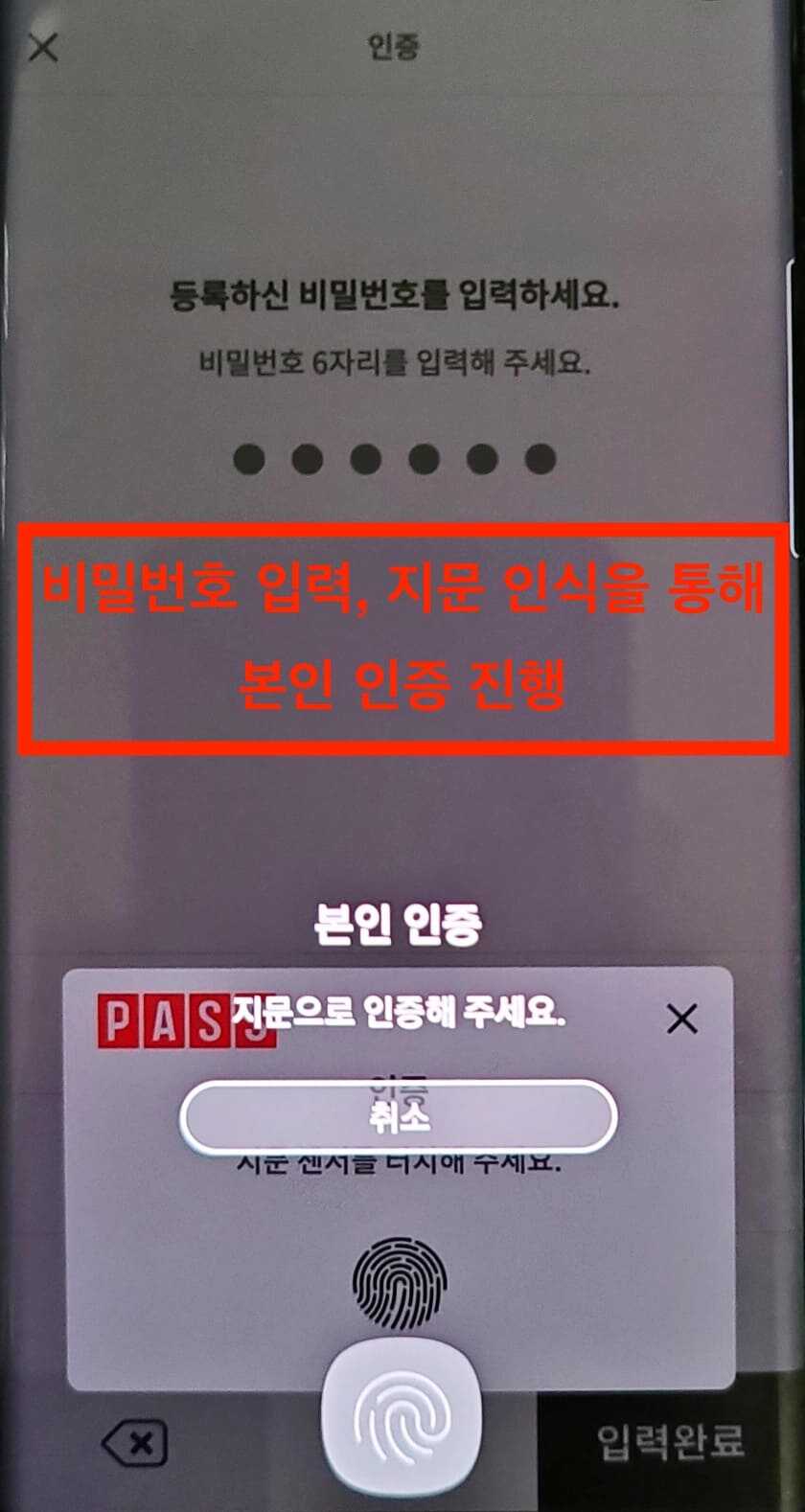 PASS 앱 명의도용방지 서비스 메뉴 접근 시 본인 인증