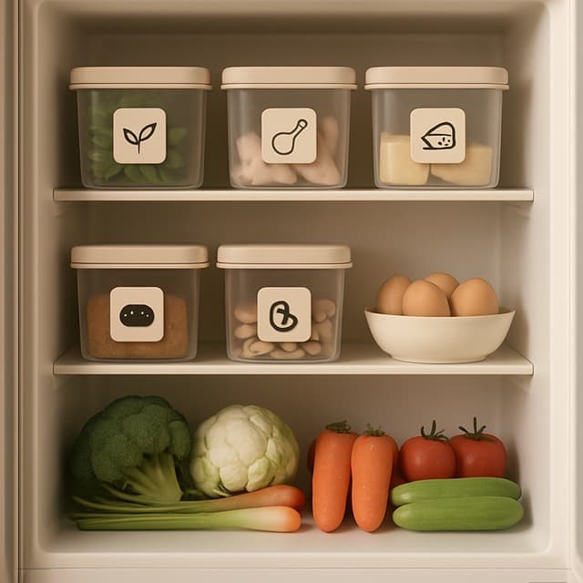 냉장고 문을 열었을 때 라벨이 붙은 소분 용기와 신선 식재료가 카테고리별로 정리된 모습