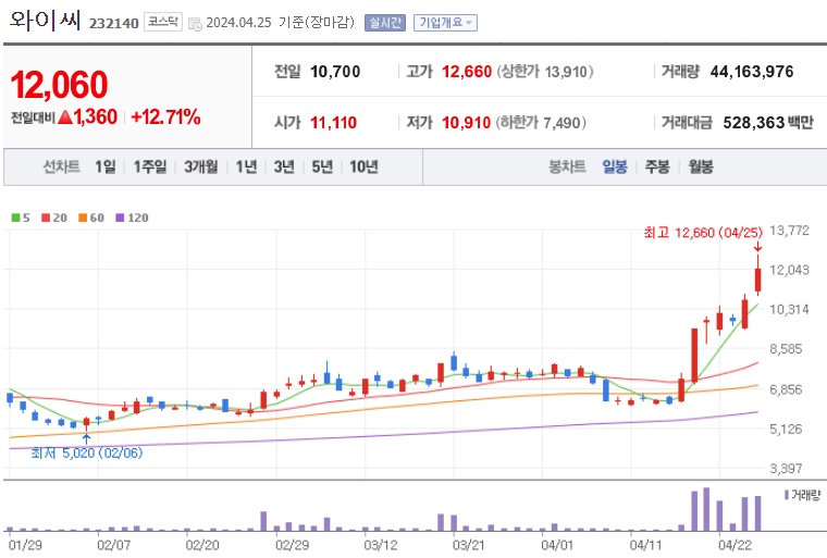 와이씨 주가