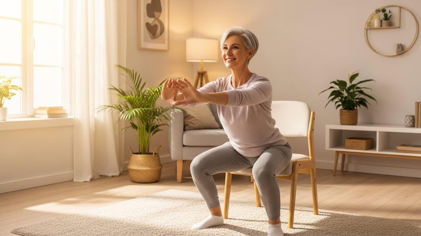 밝은 집안에서 의자 스쿼트를 수행하는 시니어 여성의 모습. 중년·노년층 근력 강화와 근감소증 예방을 위한 실생활 운동 장면.