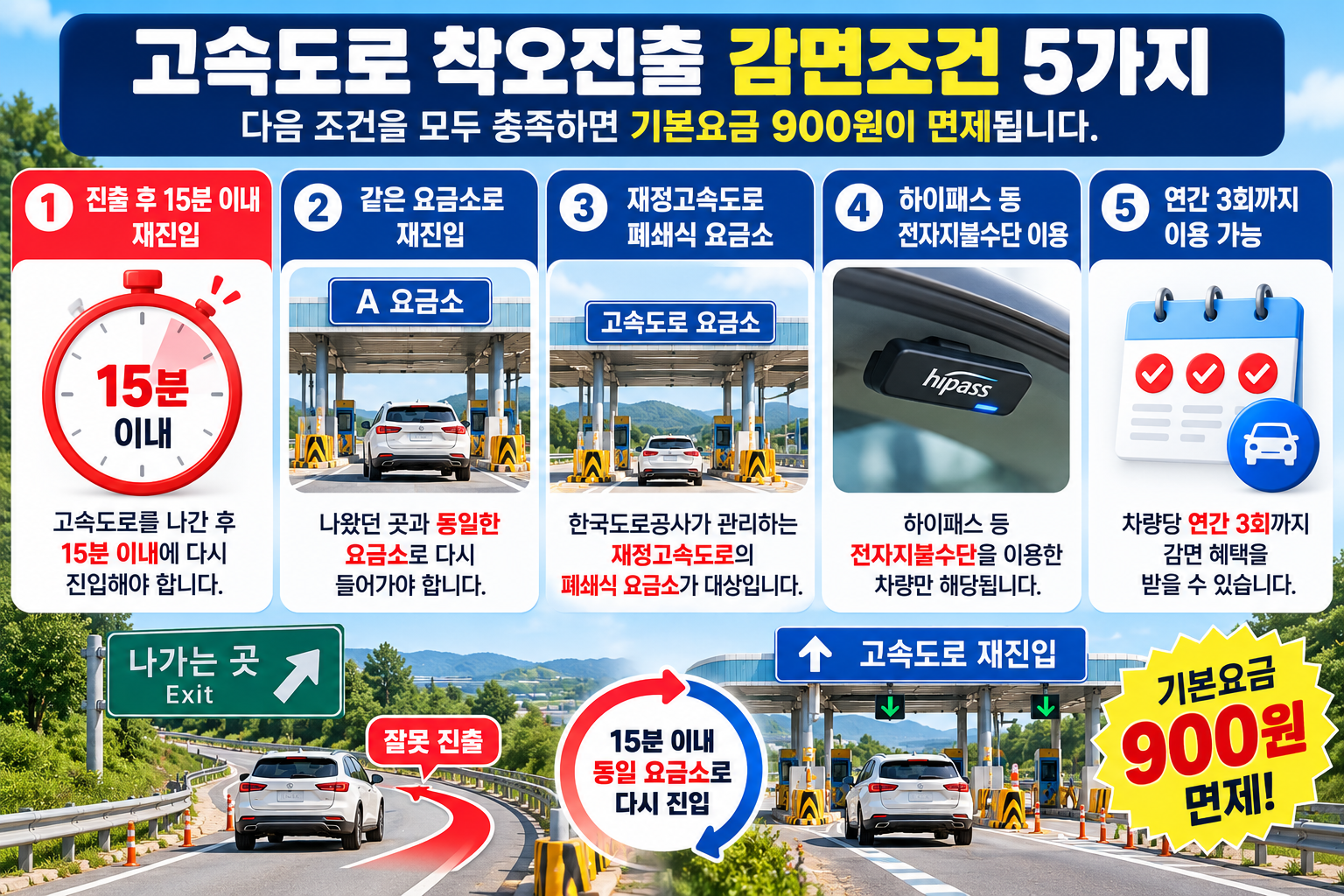 2026 고속도로 통행료 변경 총정리, 잘못 나가도 15분 안에 재진입하면 900원 면제