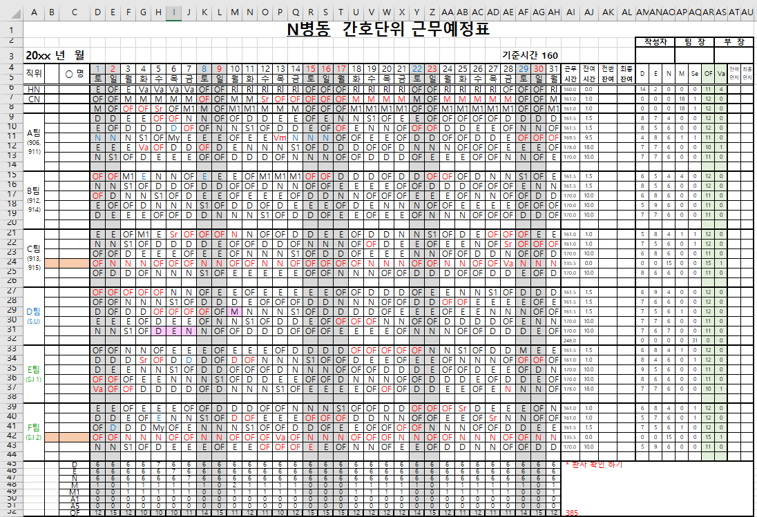 종합병원 간호사 3교대 근무표 엑셀 형식