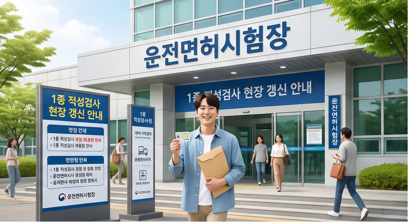 운전면허시험장 건물 앞에서 서류 봉투와 새로 발급받은 운전면허증을 들고 활짝 웃고 있는 남성
