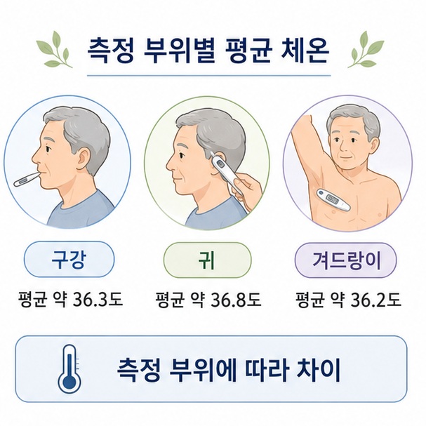구강과 귀, 겨드랑이에서 측정한 체온이 서로 다르게 나타날 수 있어 같은 측정 부위와 같은 방법으로 체온 변화를 비교해야 함을 보여 주는 그림