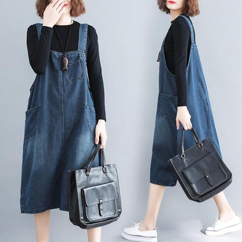 중년여성 데님 멜빵 스커트 슬림 원피스