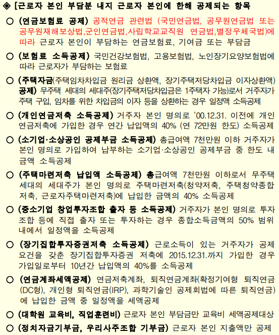 근로자 본인 부담분 내지 근로자 본인에 한해 공제되는 항목들