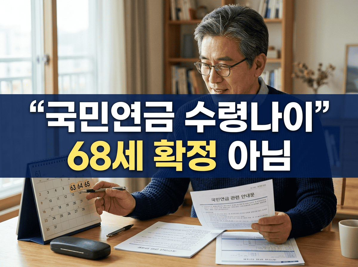 달력과 연금 서류를 확인하는 중장년층 옆에 국민연금 수령나이 68세 확정 아님 문구가 표시된 이미지
