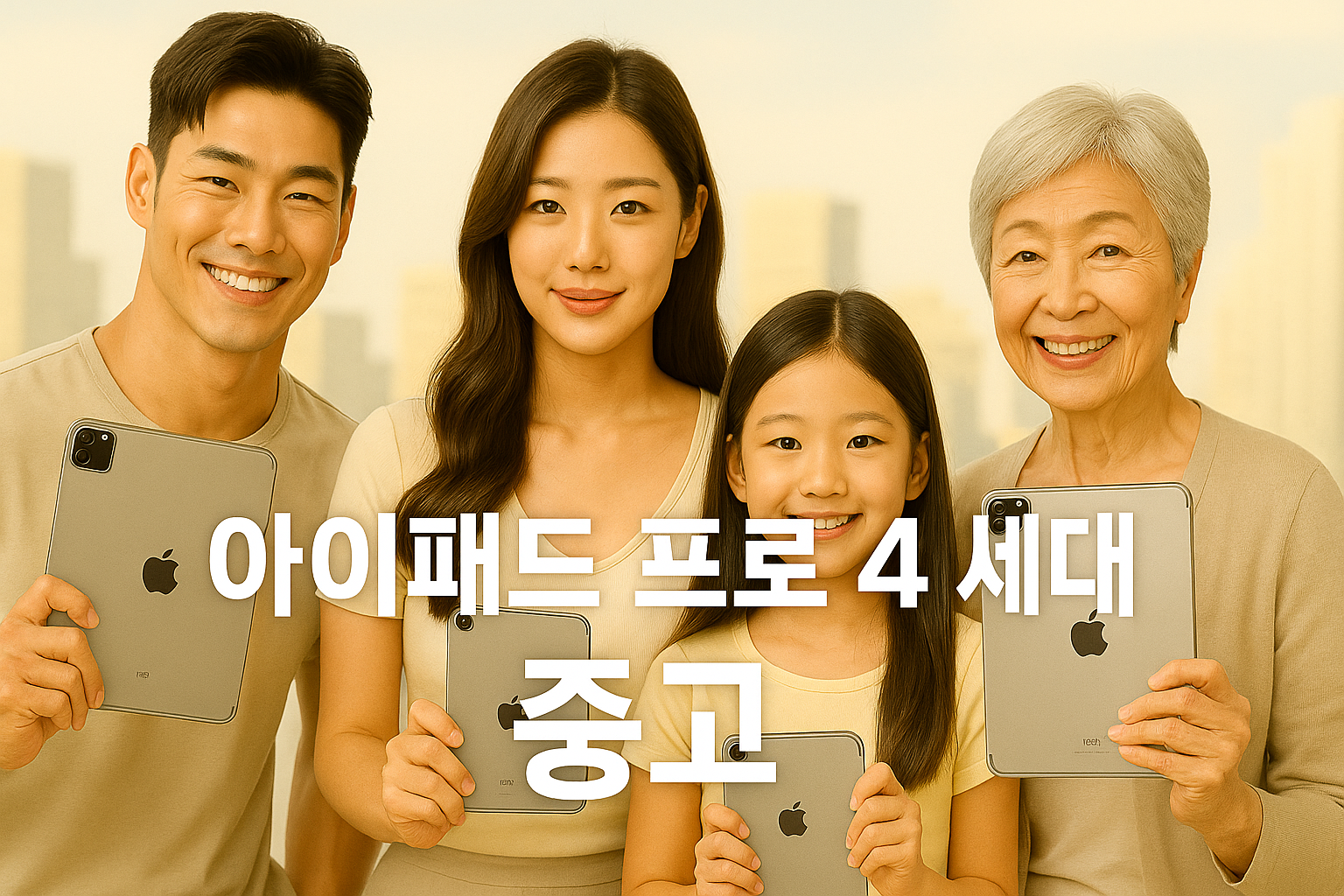 근육질의-잘생긴-한국-청년이-아이패드-프로-4세대를-양손으로-든-채-환하게-웃고-가슴-볼륨이-도드라지는-아름다운-한국-여성이-아이패드를-앞으로-보이며-정면을-바라보고-있음-앞줄에는-긴-머리의-한국-여자아이가-아이패드를-들고-웃고-있고-오른쪽에는-짧은-은발의-단정한-노년-한국-여성이-아이패드를-들고-따뜻하게-미소지음-배경은-부드럽게-흐릿한-도시-고층-건물로-추상화되어-있으며-전체적인-색감은-밝고-화사하며-중앙에는-굵고-흰색-나눔고딕-글씨로-아이패드-프로-4-세대-중고-문구가-선명하게-표기됨