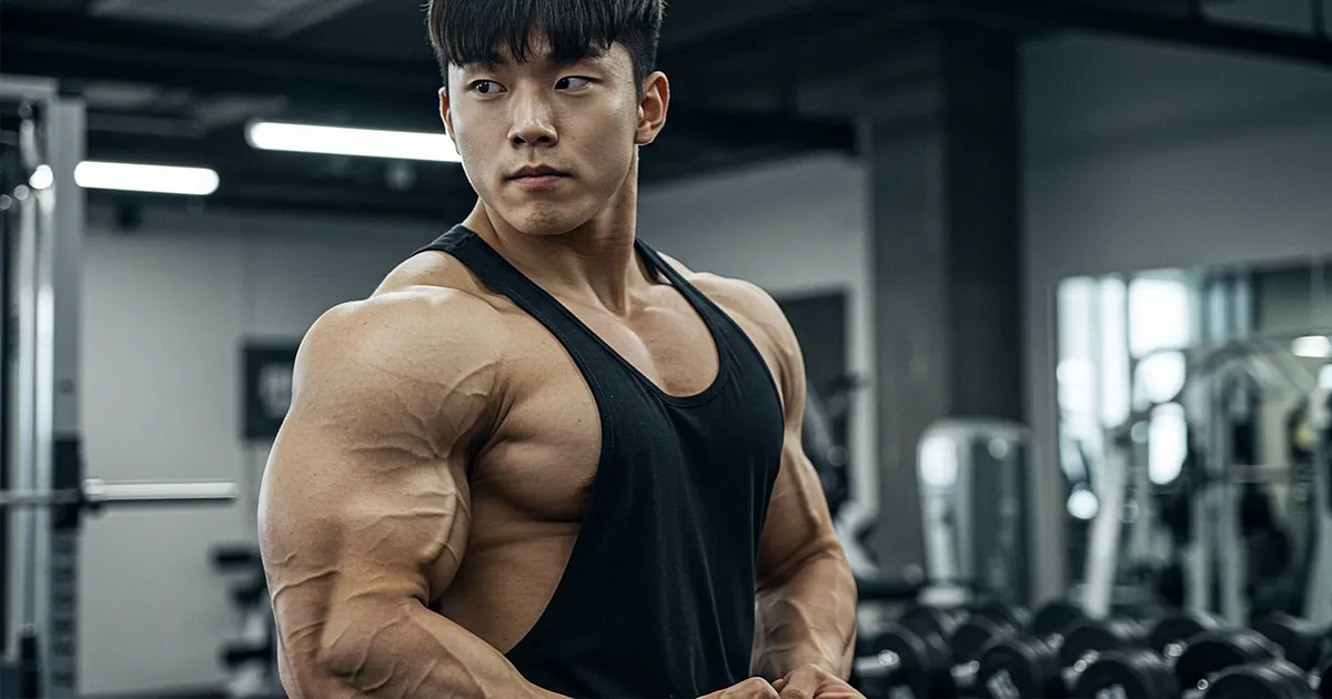 보디빌더가 헬스장에서 측면 포징으로 팔과 어깨 근육을 강조하는 사진