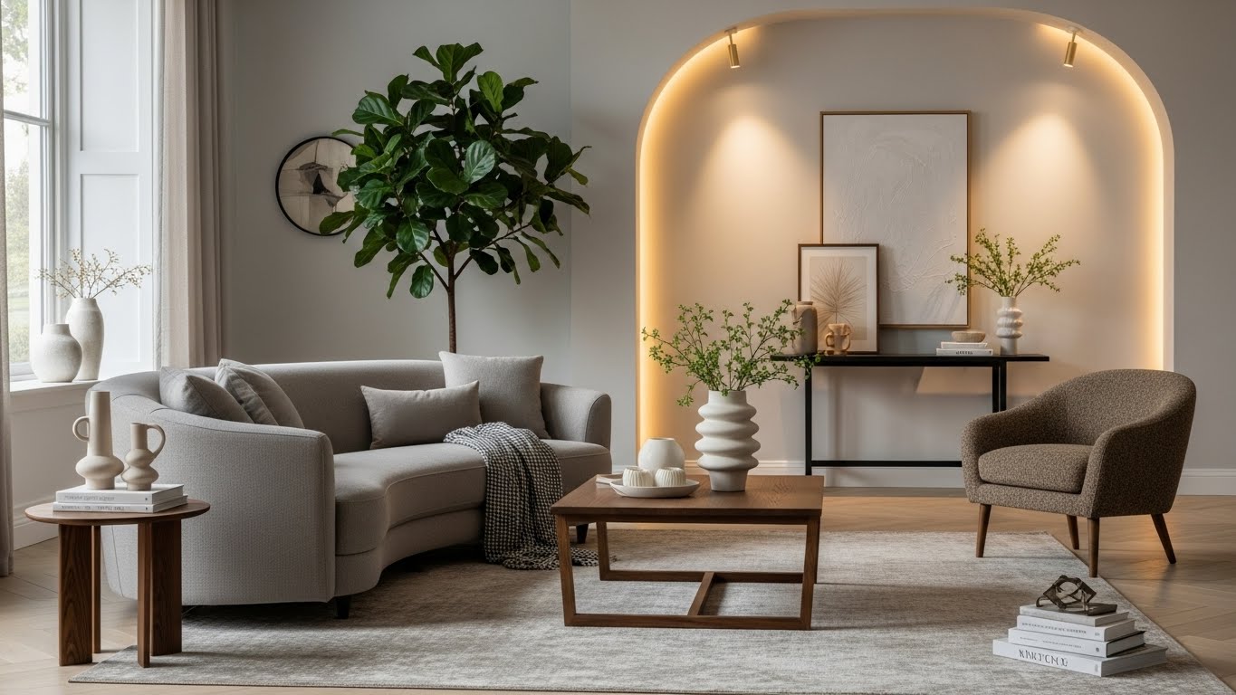 2026년 인테리어 트렌드가 반영된 곡선형 가구와 식물이 있는 거실