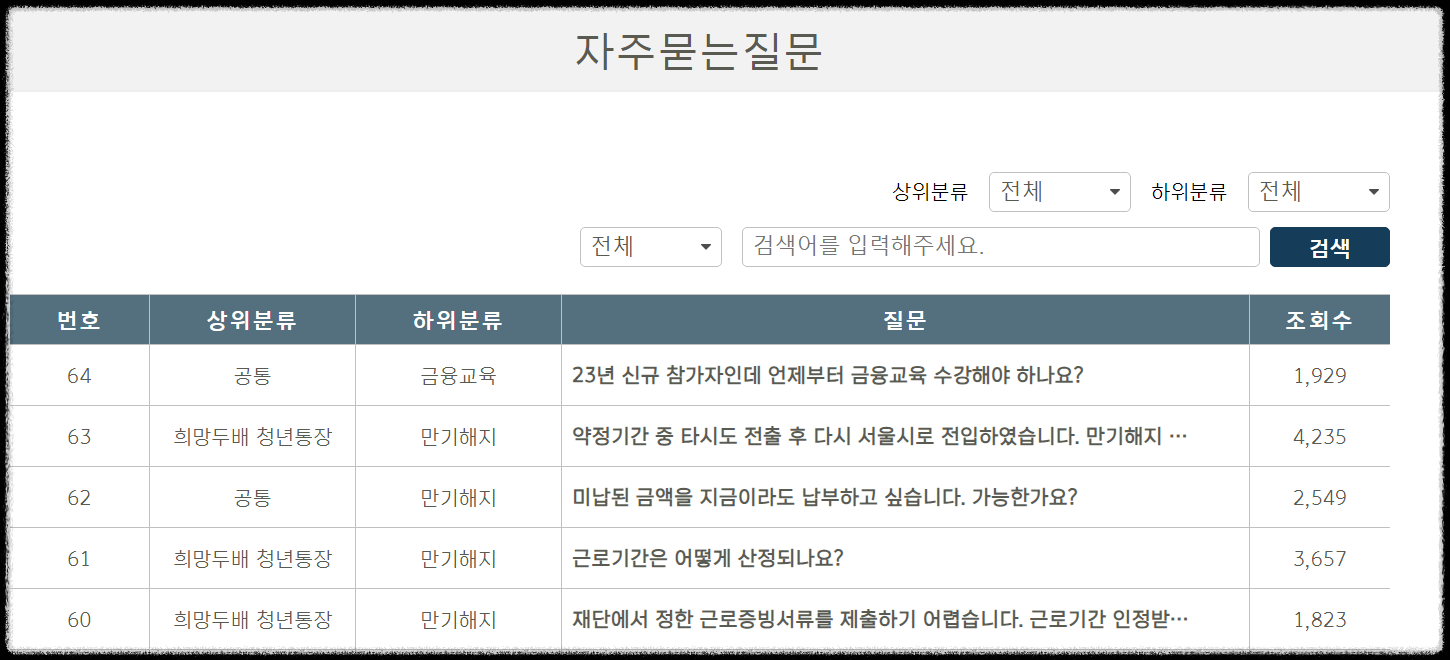 희망저축 청년통장 자주묻는질문