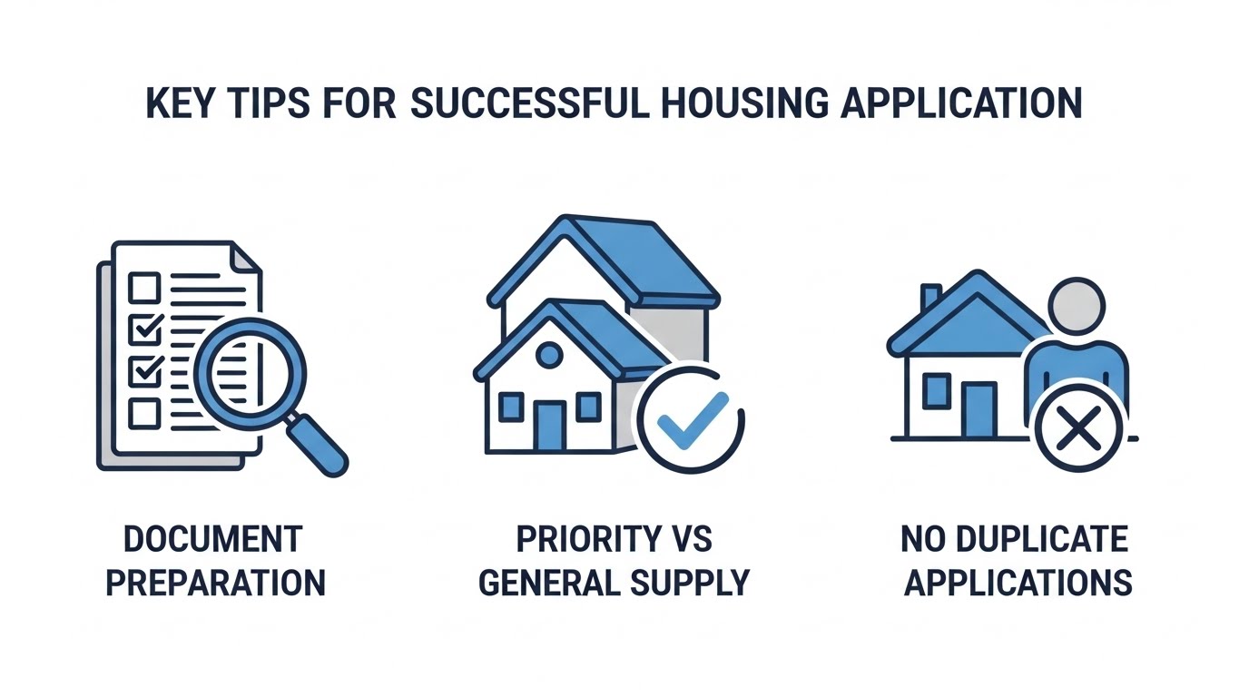 행복주택 청약 당첨을 위한 서류 준비, 우선공급 확인, 중복 신청 금지를 나타내는 아이콘들