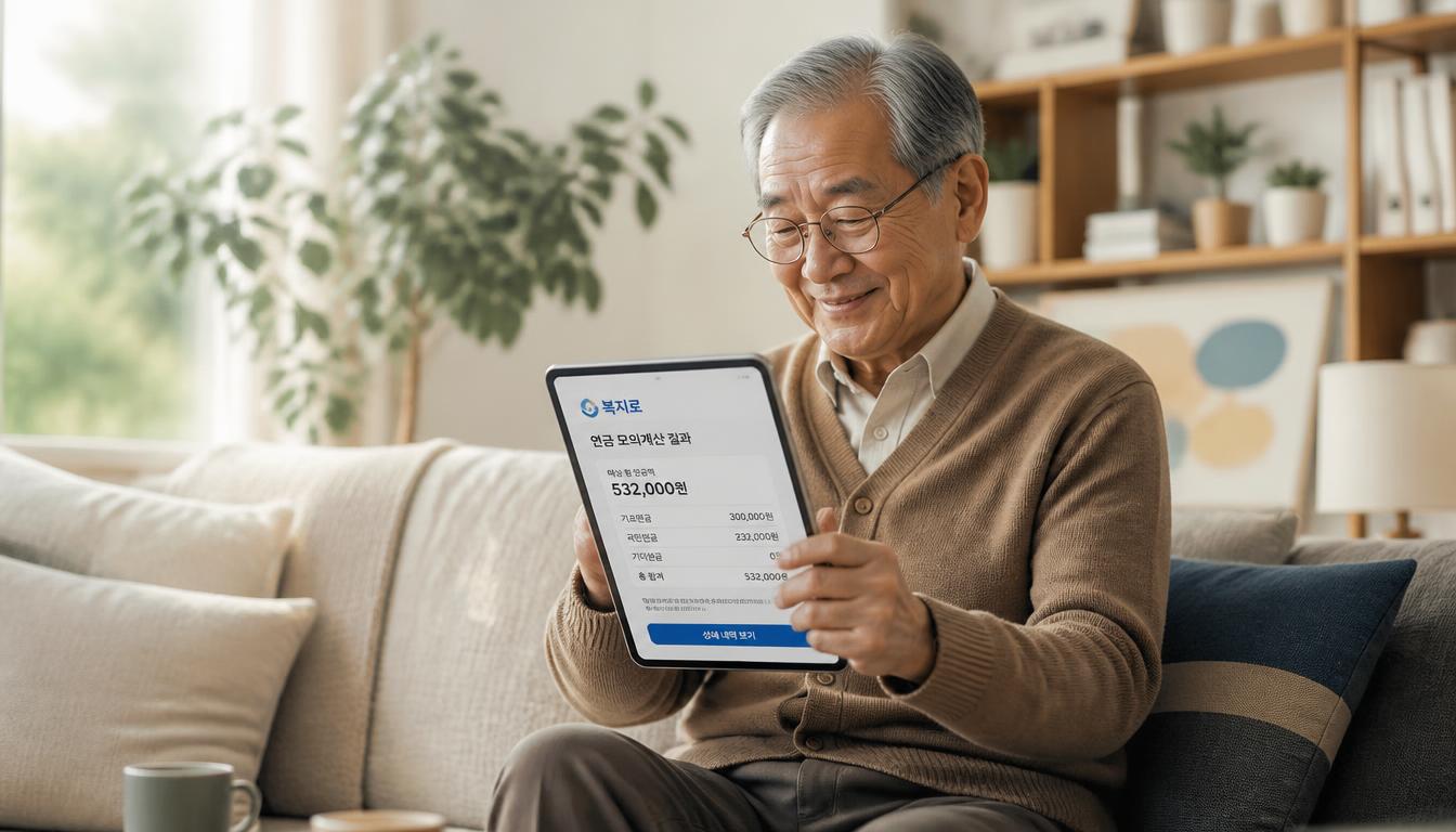 아늑하고 밝은 거실에서 60대 은퇴자가 태블릿을 통해 복지로 웹사이트의 기초연금 모의계산 결과 화면을 확인하며 미소 짓는 신뢰감 있는 일상 컷.