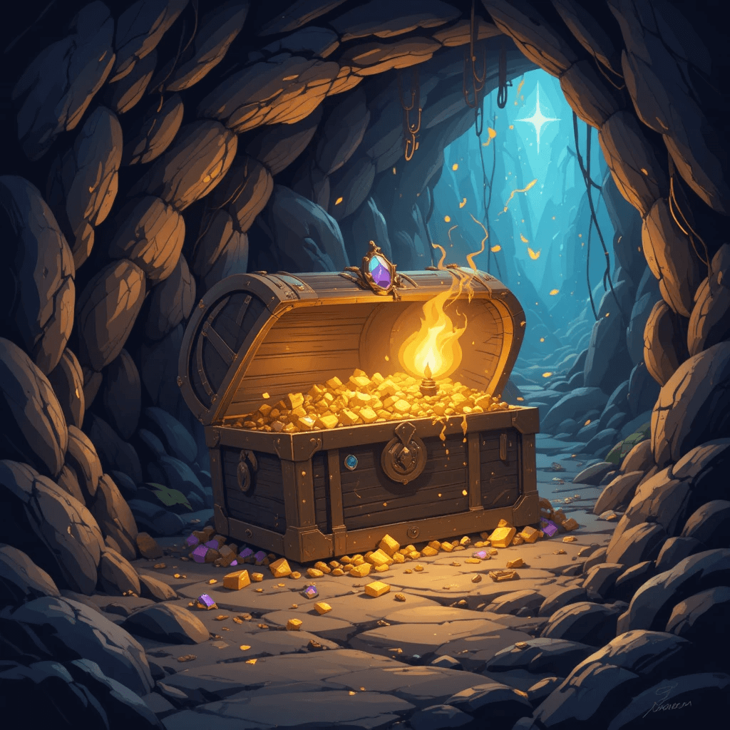 불(화재)이 나오는 길몽 중 불이 보물을 밝히는 꿈의 이미지입니다.