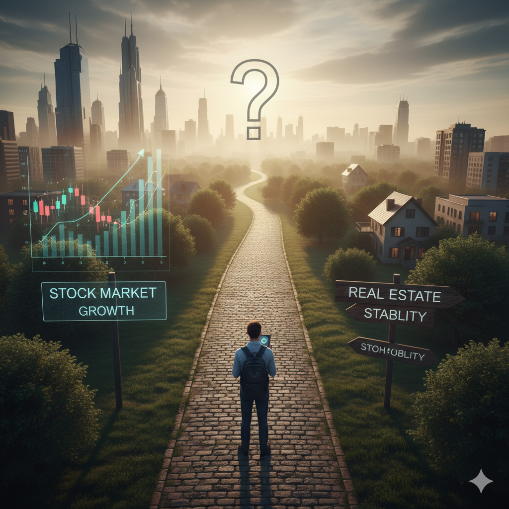 재테크 선택의 갈림길에서 한 투자자가 서 있고, 왼쪽에는 주식 시장 성장을 상징하는 차트와 도시 배경, 오른쪽에는 부동산 안정성을 상징하는 주택과 표지판이 있는 이미지.